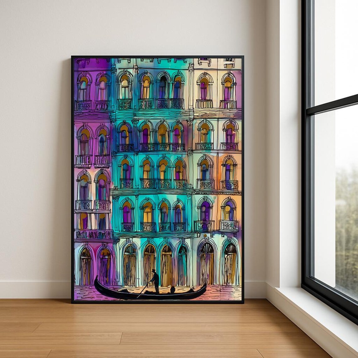 Venice Italy Canal Palazzo Gondola Colorful Watercolor Art Poster