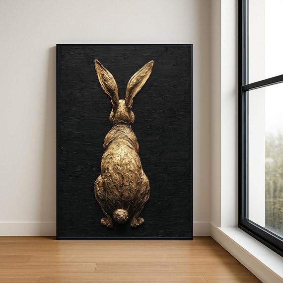Golden Rabbit Impasto Oil Painting Animal Portrait Black Poster