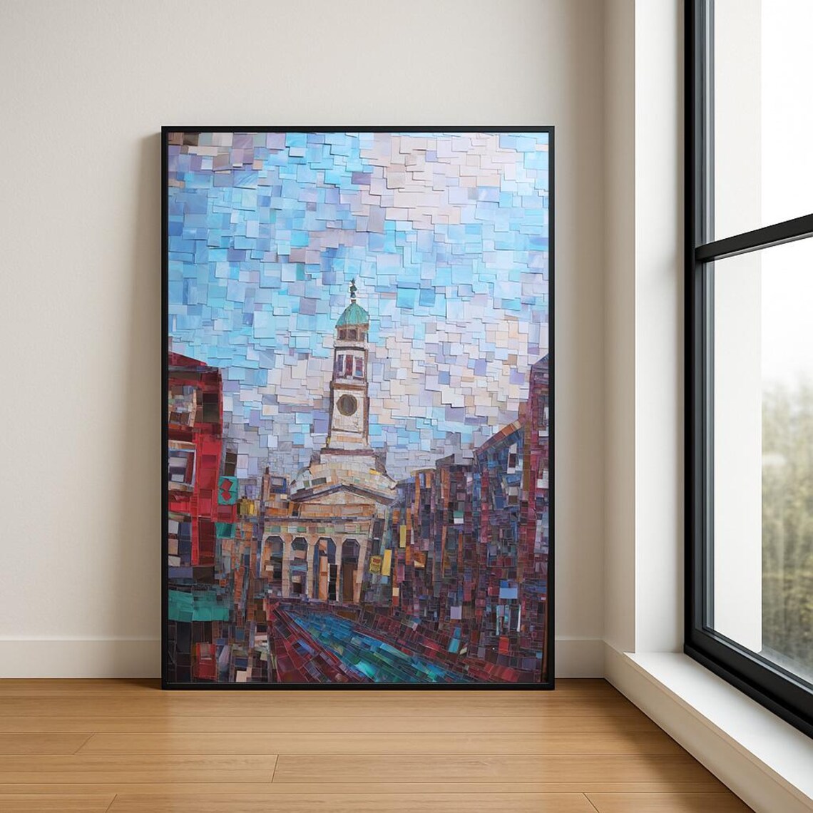 Mosaic Collage Art European Clock Tower Church Street Scene Poster
