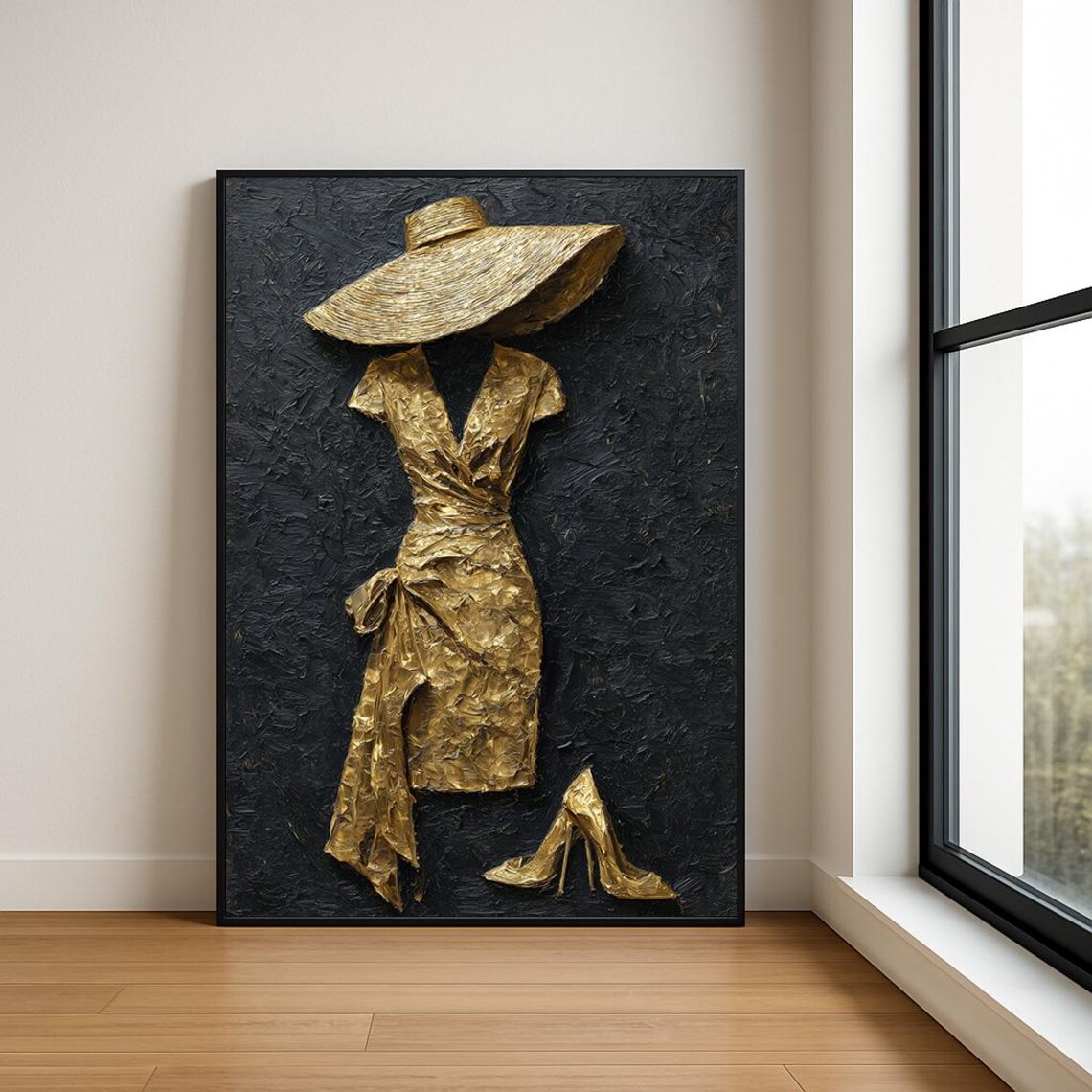 Golden Lady in Wide Hat Textured Oil Painting Fashion Wall Art