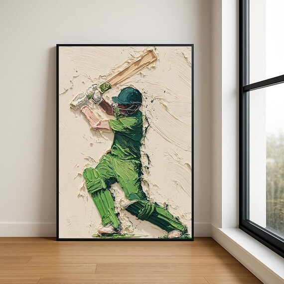 Cricket Batsman Green Uniform Thick Impasto Oil Painting Poster