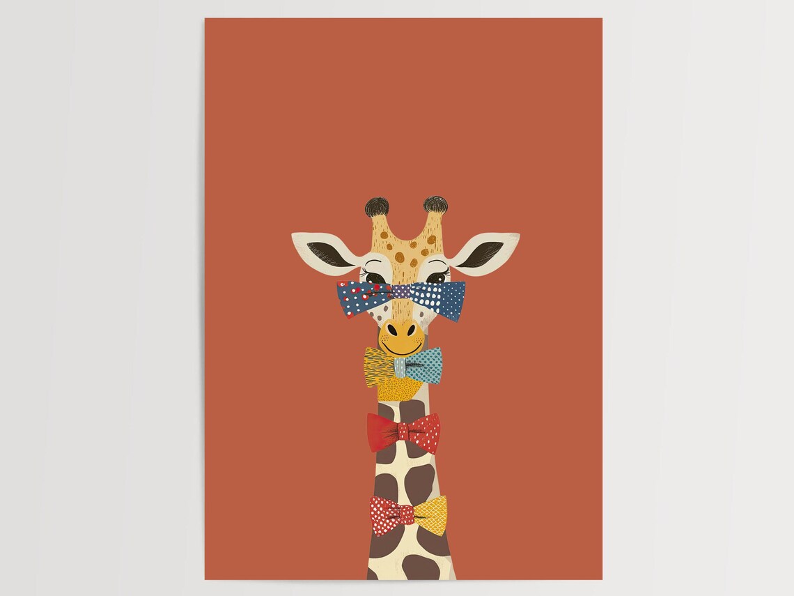 Giraffe With Bow Ties Funny Nursery Animal Art Terracotta Print - Image 2