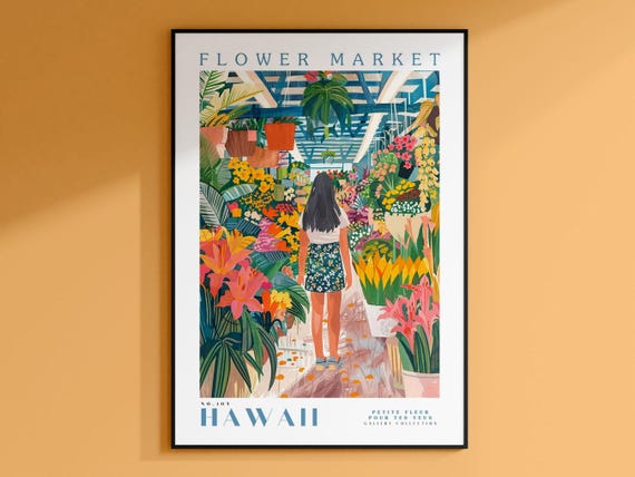 Hawaii Flower Market Travel Poster, Tropical Wall Art