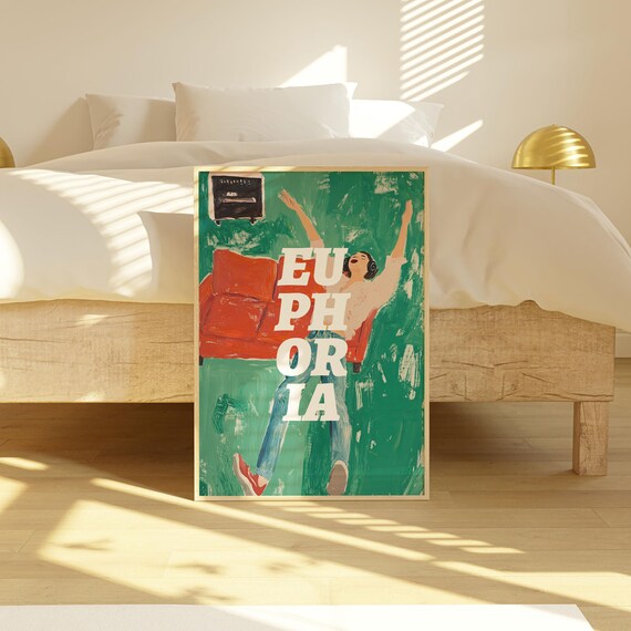 Euphoria Joyful Dancing Woman Emerald Green Retro Music Art Poster