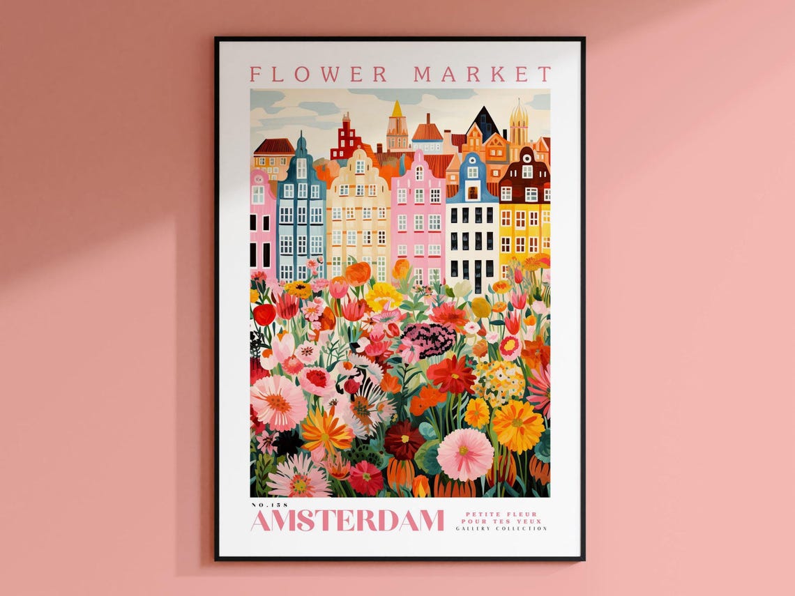 Amsterdam Flower Market Travel Poster, Botanical Illustration