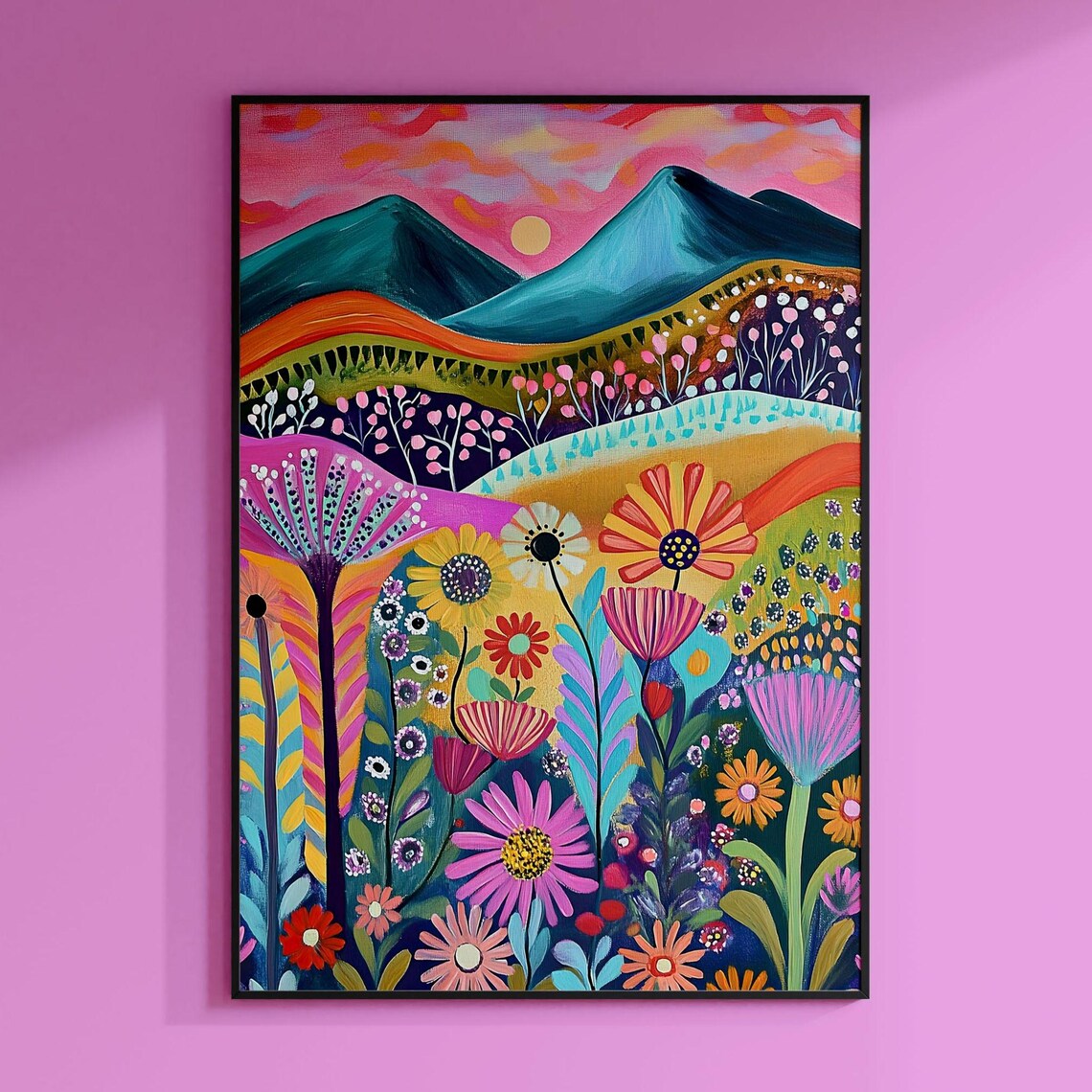 Abstract Mountain Artwork, Colorful Patchwork Illustration