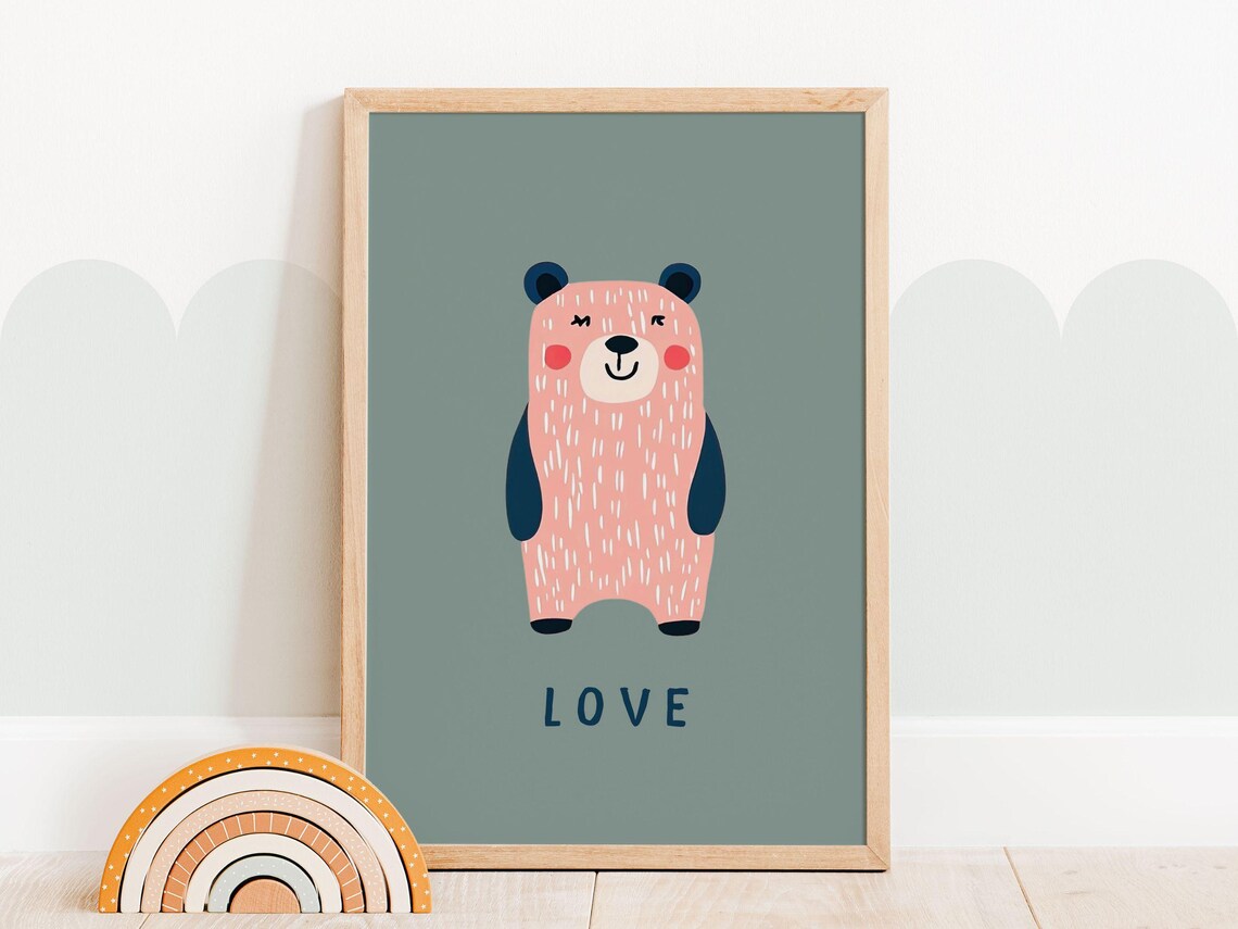 Pink Bear Love Nursery Poster Sage Green Background Kids Wall Decor