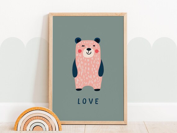 Pink Bear Love Nursery Poster Sage Green Background Kids Wall Decor