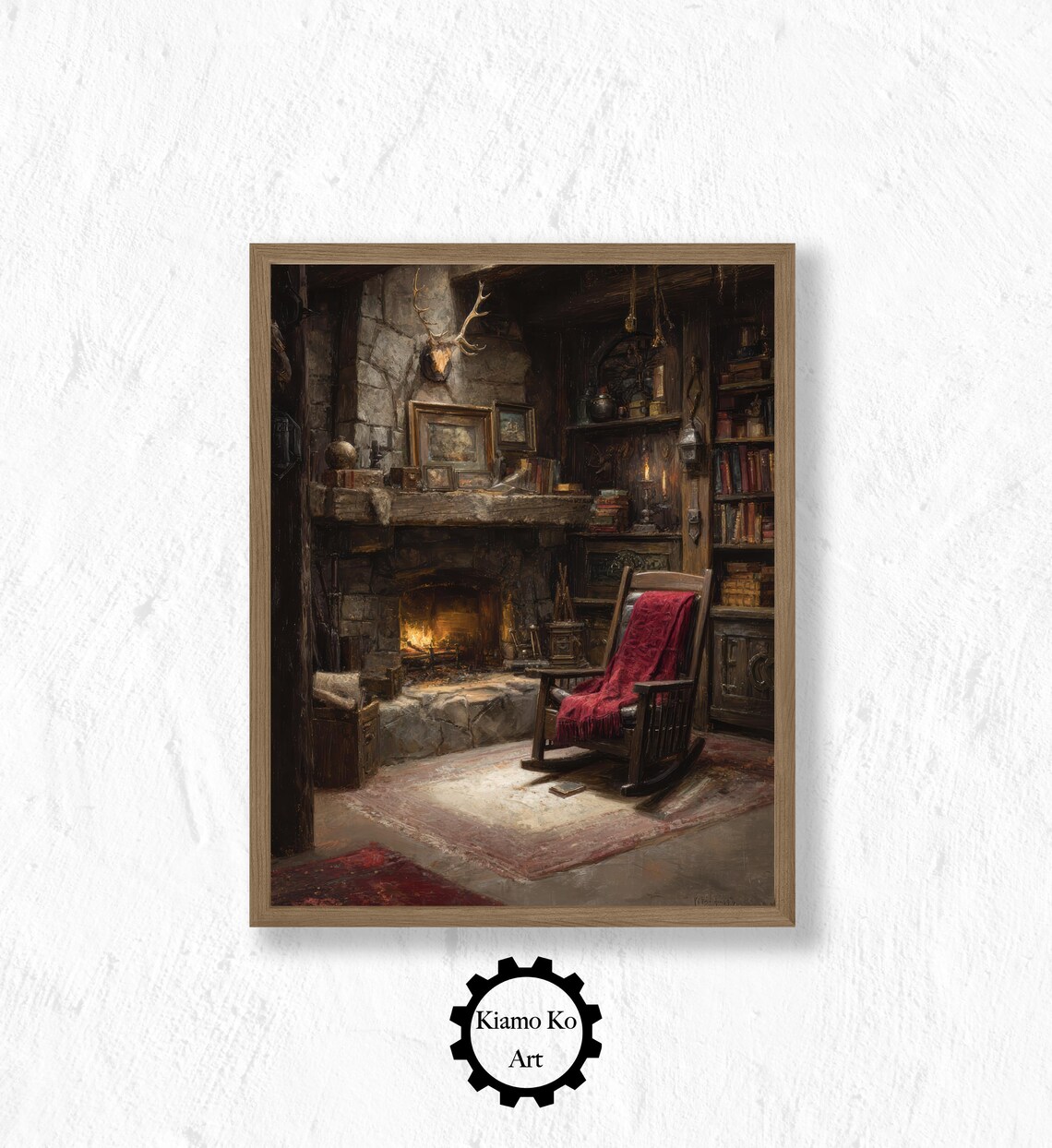 Rustic Cabin Living Room With Stone Fireplace and Rocking Chair Poster