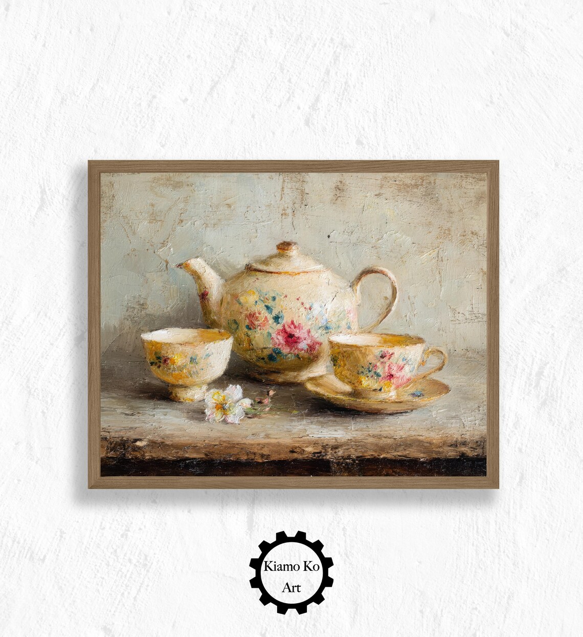 Vintage Teapot and Cups Art Print, Cozy Kitchen Decor