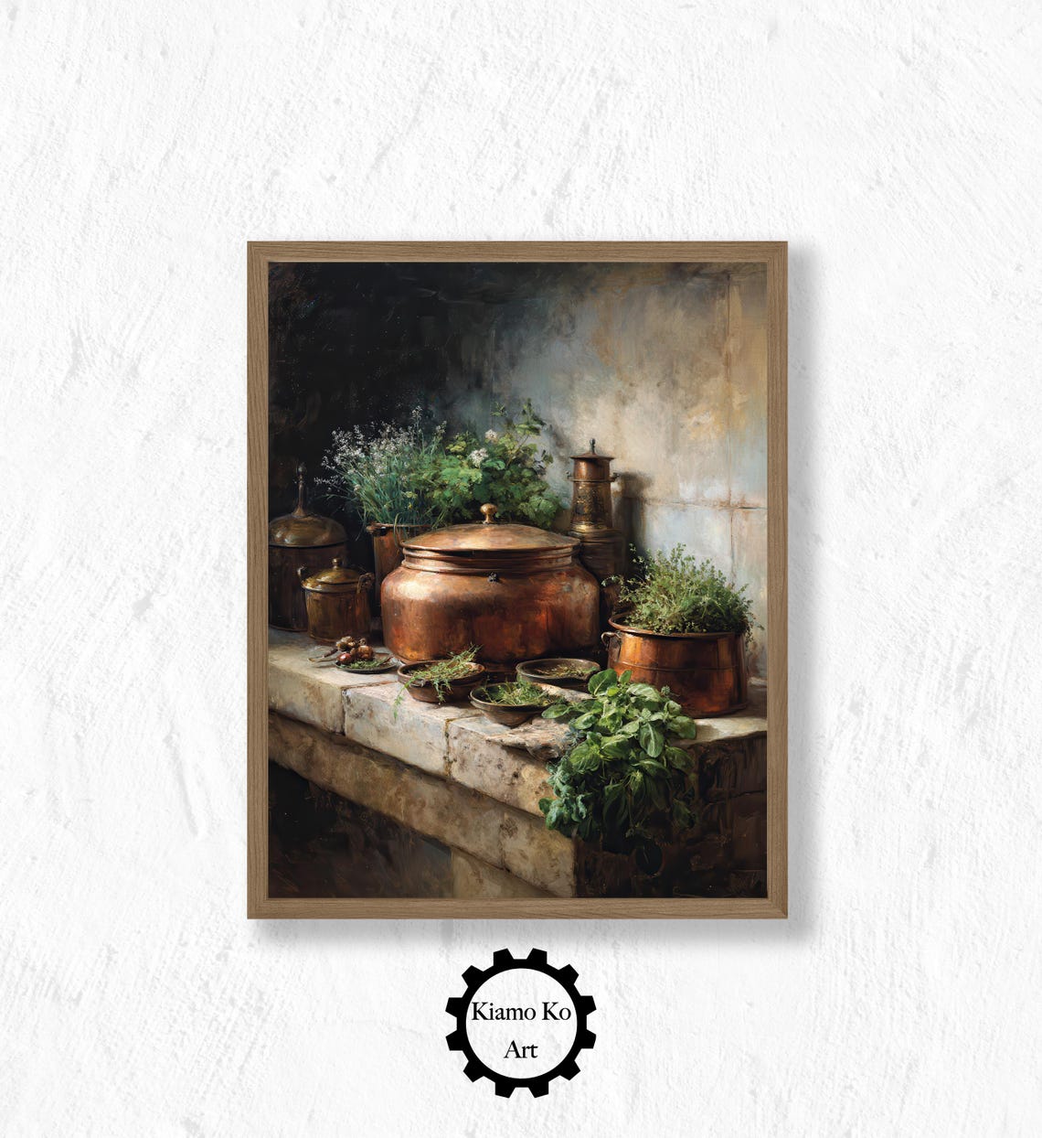 Copper Pots and Fresh Herbs on a Stone Kitchen Ledge Vintage Poster