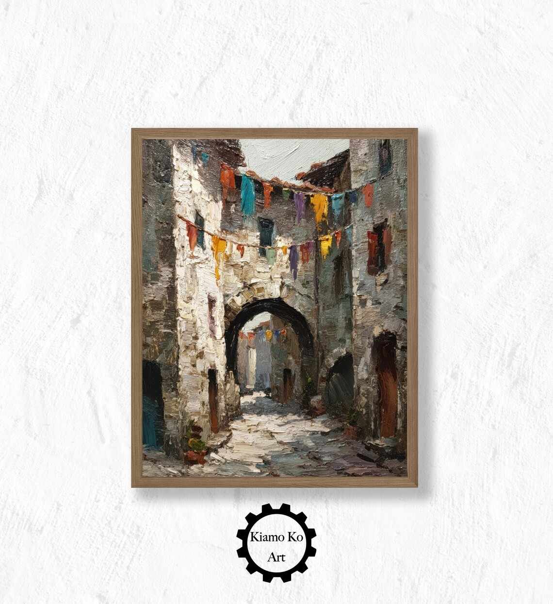 Old European Alley With Stone Arch And Colorful Festival Flags Poster