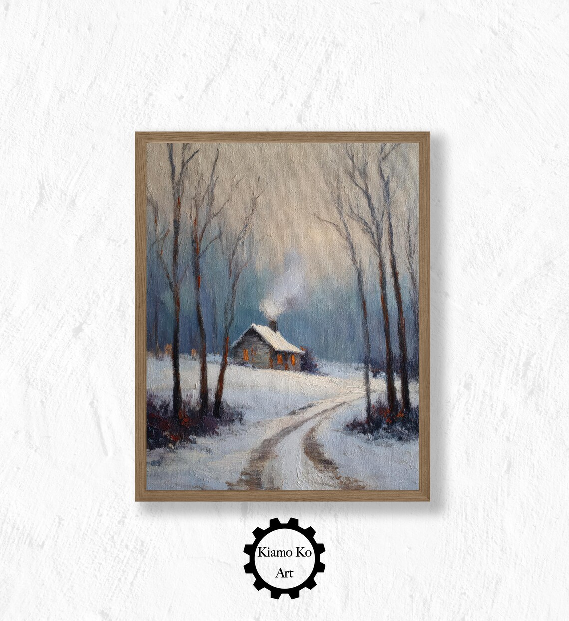 Snow Covered Cabin With Smoking Chimney in a Quiet Forest Art Poster