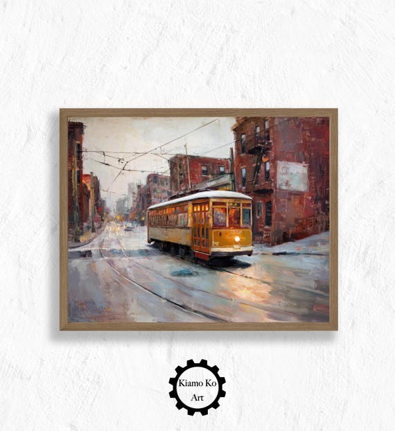 Charming City Trolley Street Scene Art Print Vintage Architecture Decor Cozy Home Wall Landscape Gift