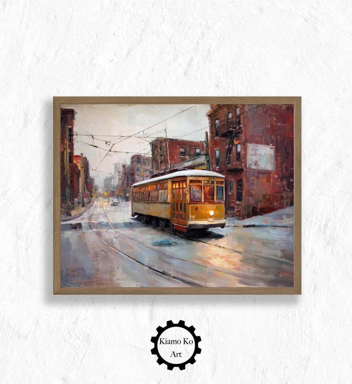 Vintage Yellow Trolley On A Rainy Brick Street City Scene Poster