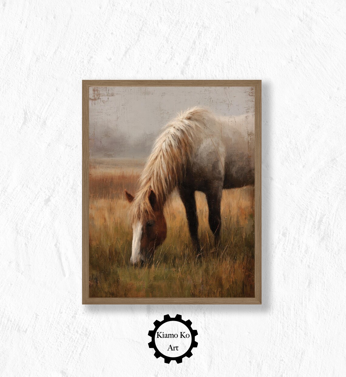 Grey Horse Grazing In Misty Golden Field Rustic Vintage Art Poster