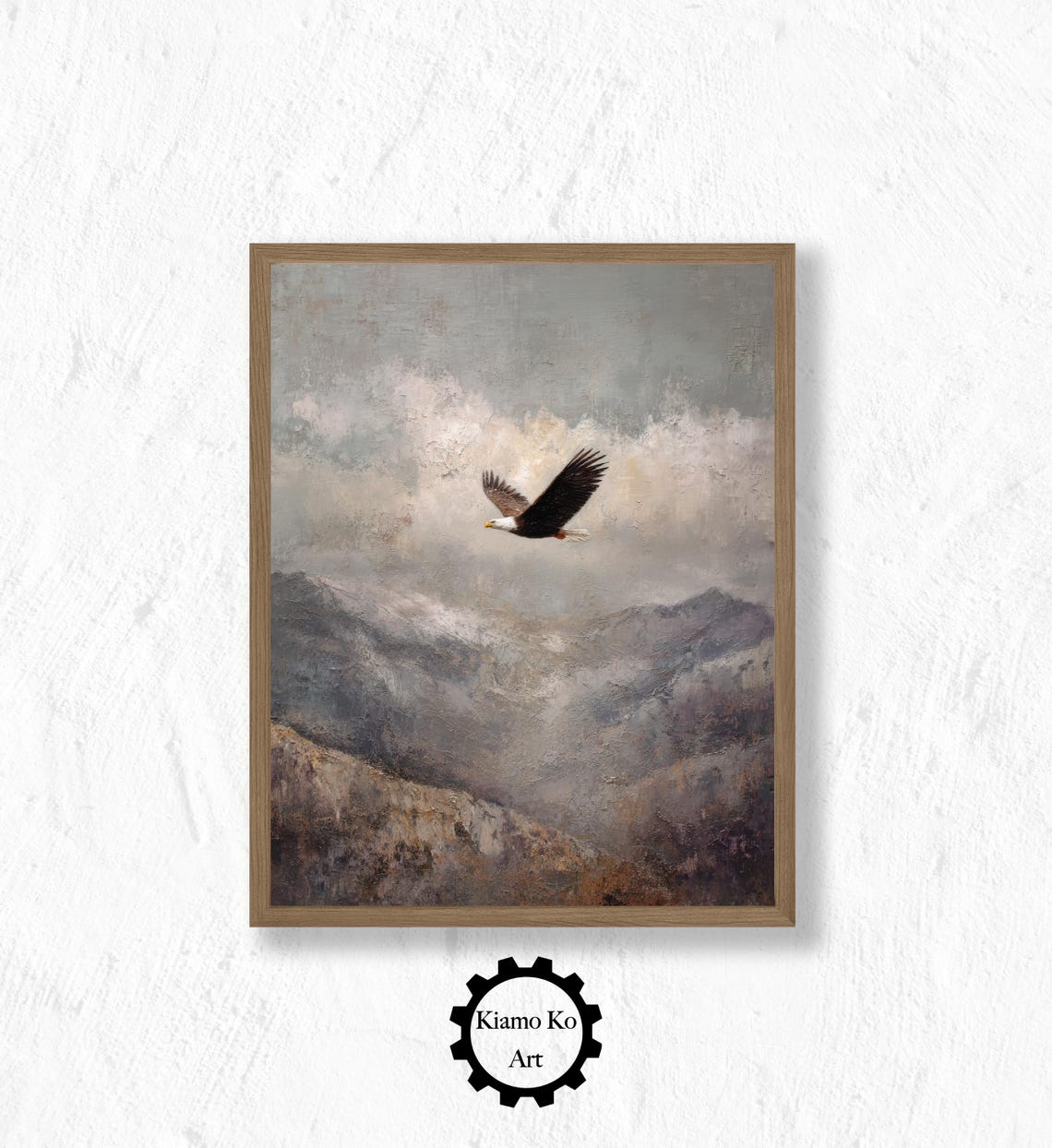 Bald Eagle Soaring Over Misty Mountains Dramatic Wildlife Art Poster