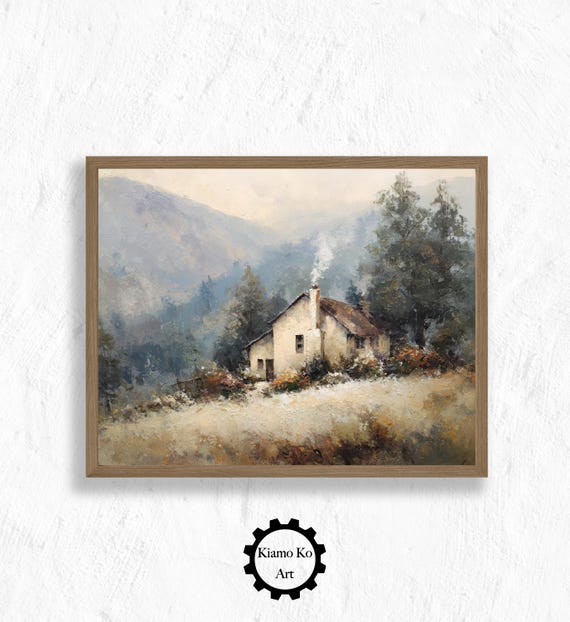 Rustic Mountain House Art Cozy Landscape Print Vintage Nature Decor Home Wall Retreat