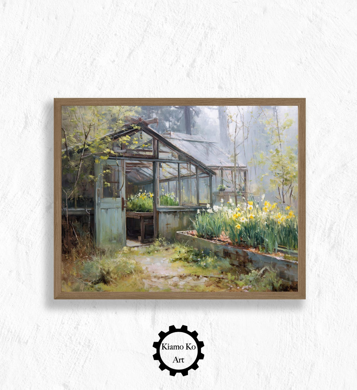 Rustic Greenhouse among Daffodils in a Misty Forest Garden Poster