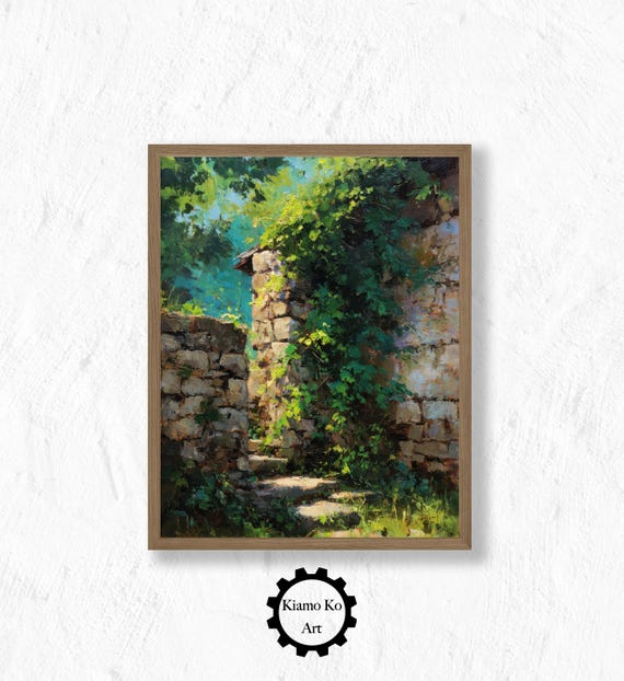 Rustic Stone Wall Art Green Tree Landscape Home Decor Nature Print Vintage