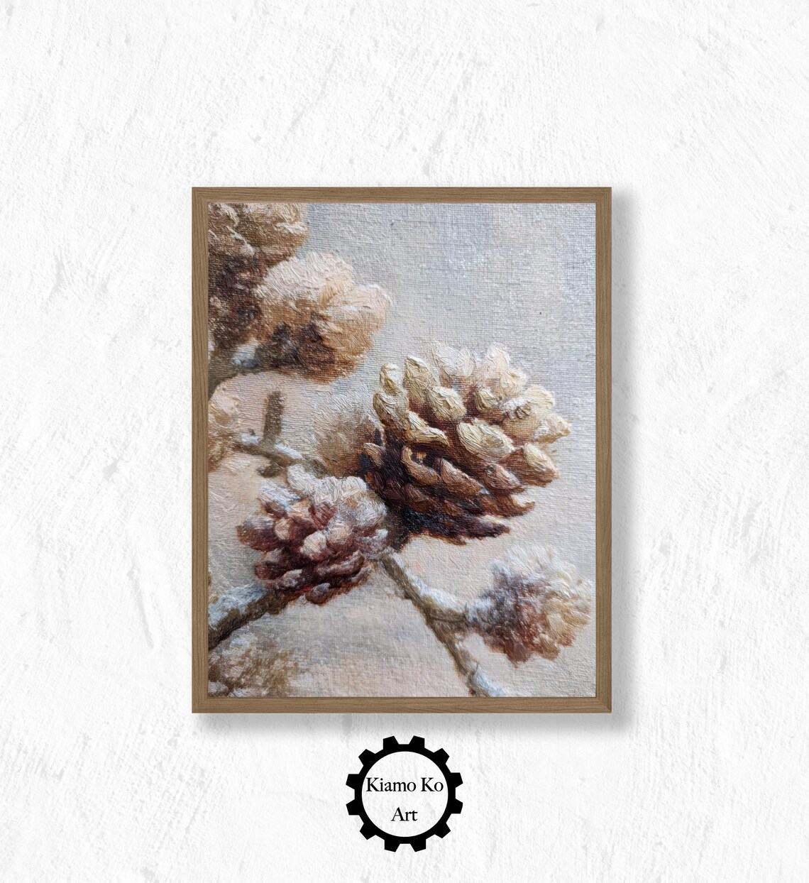Close Up of Pine Cones on a Branch Soft Neutral Botanical Art Poster
