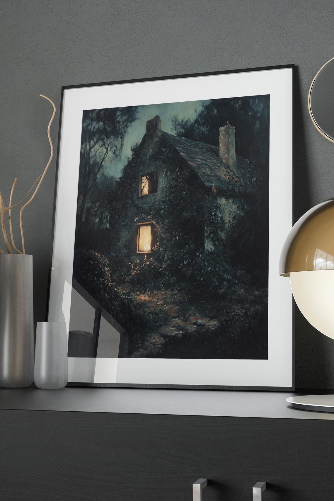 Ivy Covered Cottage at Night Glowing Windows Moody Painting Poster - Image 2