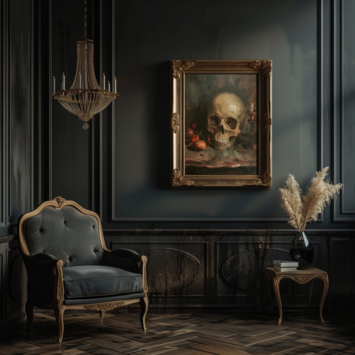 Skull Still Life With Candle Vintage Style Macabre Oil Art Poster - Image 2