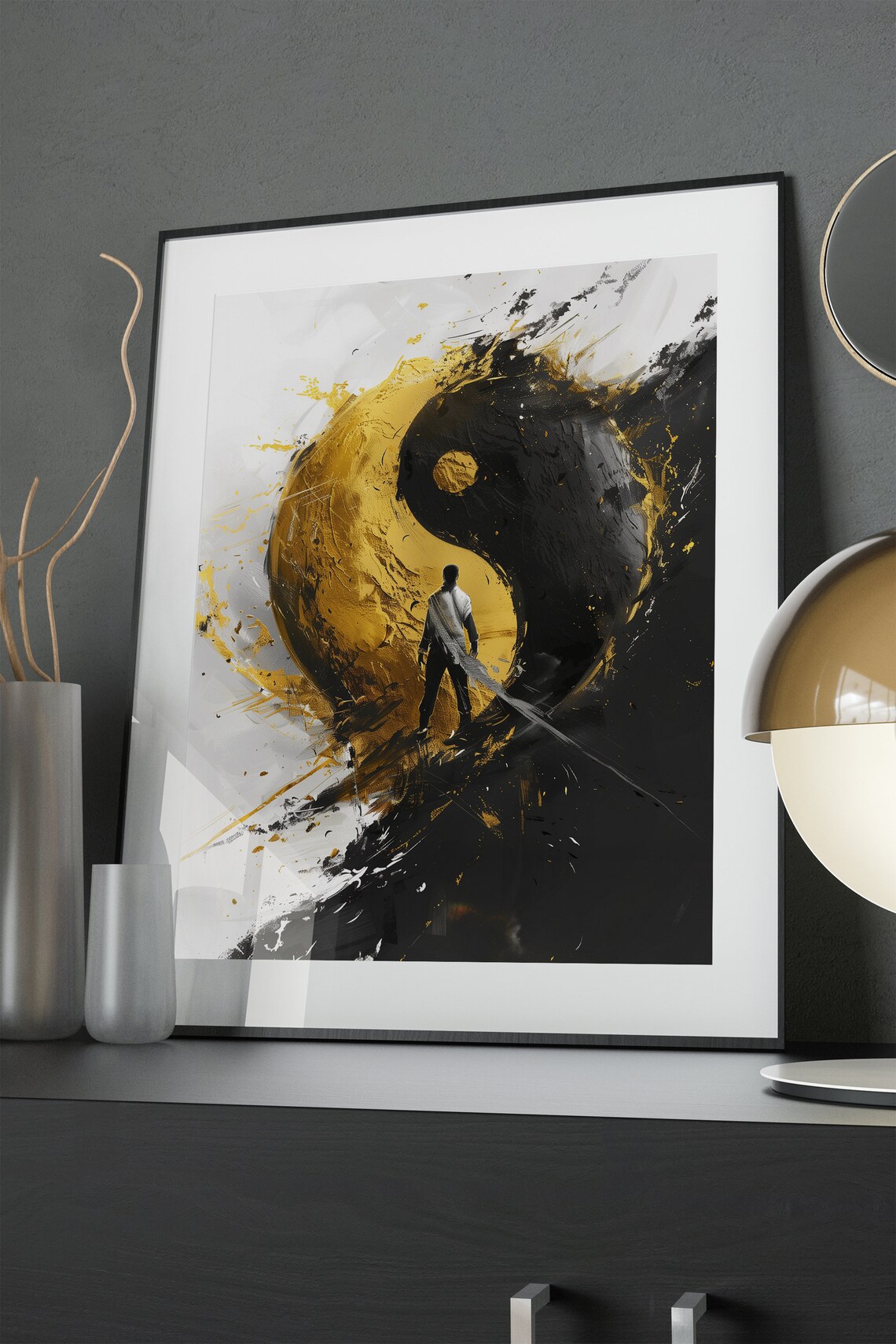 Yin Yang Gold Black Brushstroke Warrior Figure Abstract Art Poster - Image 4