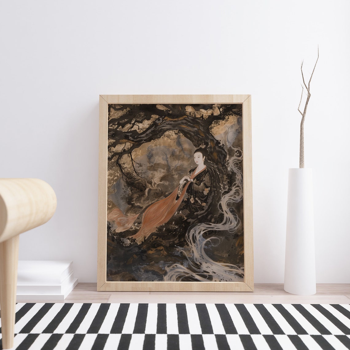 Kimono Woman Under Ancient Tree Sepia Ink Wash Japanese Poster - Image 4