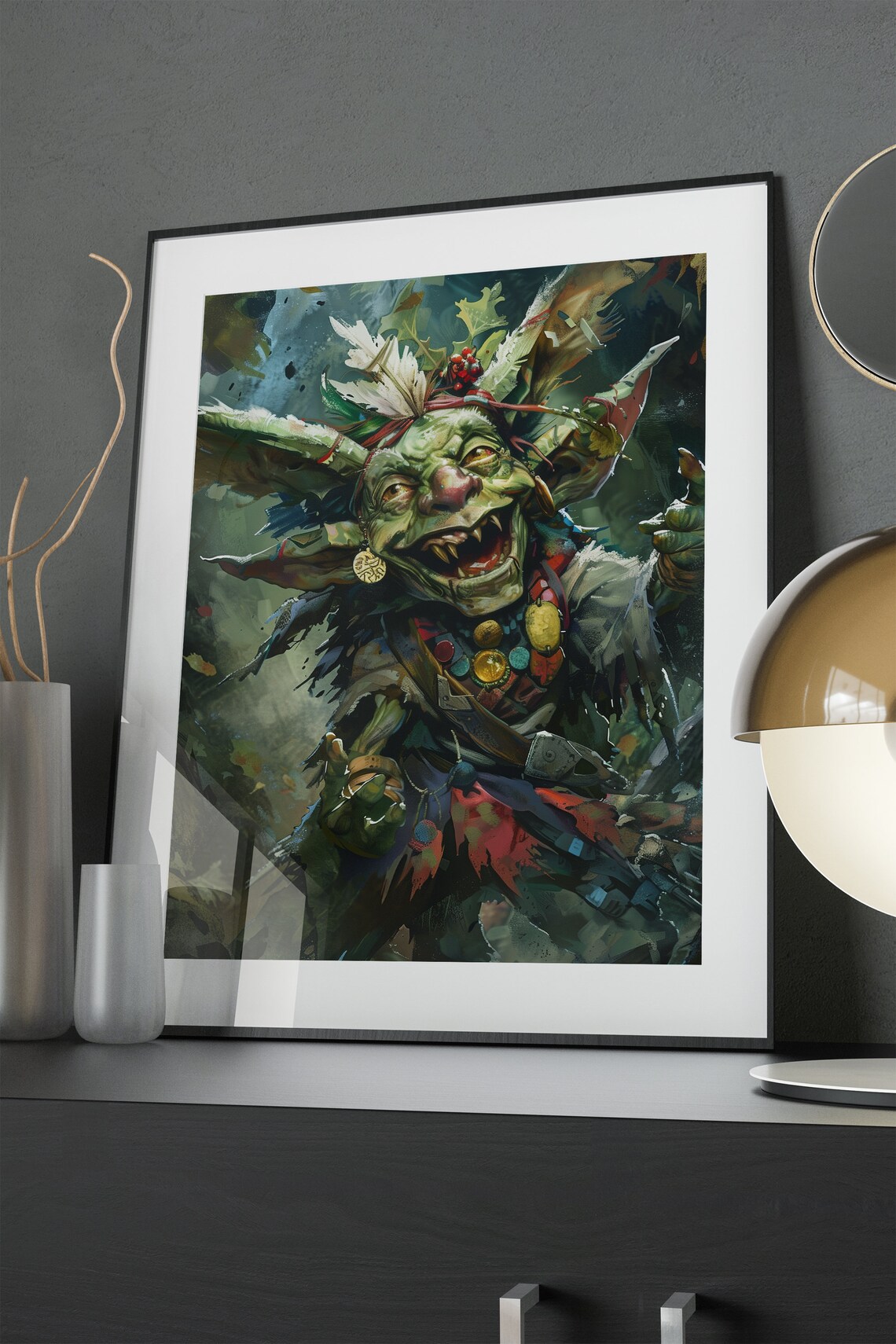 Green Goblin Feathered Headdress Forest Spirit Fantasy Art Poster - Image 4