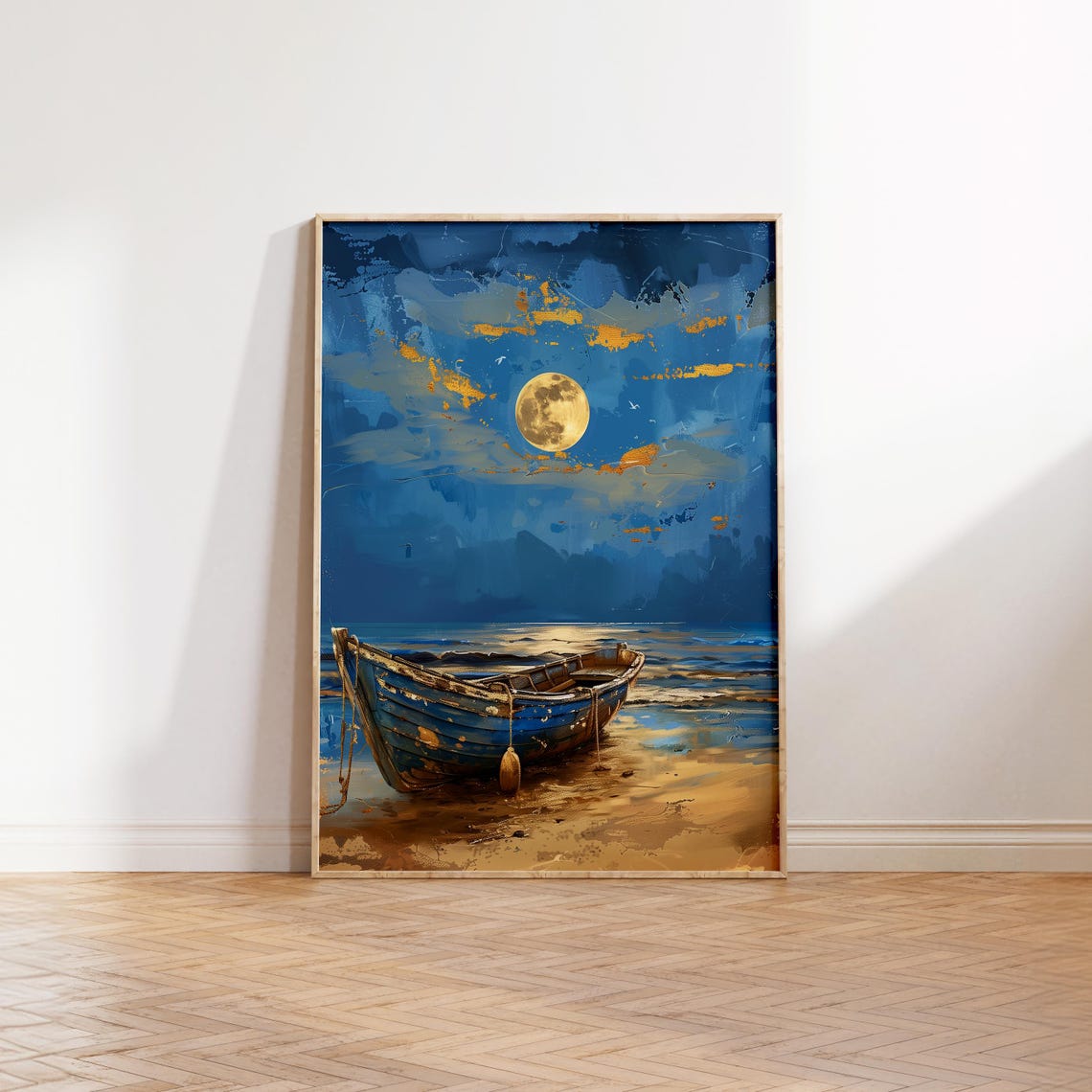 Full Moon Night Boat Beached Blue Coastal Scene Painting Print - Image 3