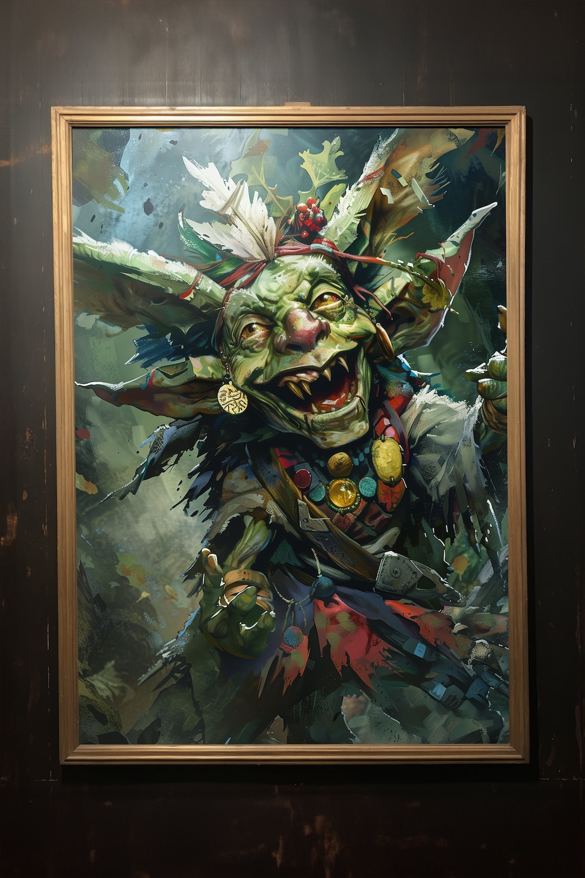 Green Goblin Feathered Headdress Forest Spirit Fantasy Art Poster - Image 2