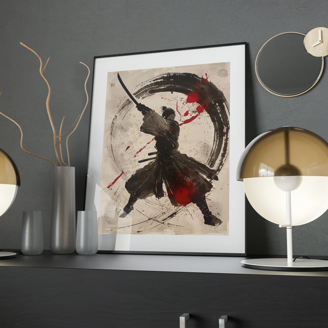 Samurai Warrior Sumi Ink Painting Print Japanese Sword Wall Decor - Image 4