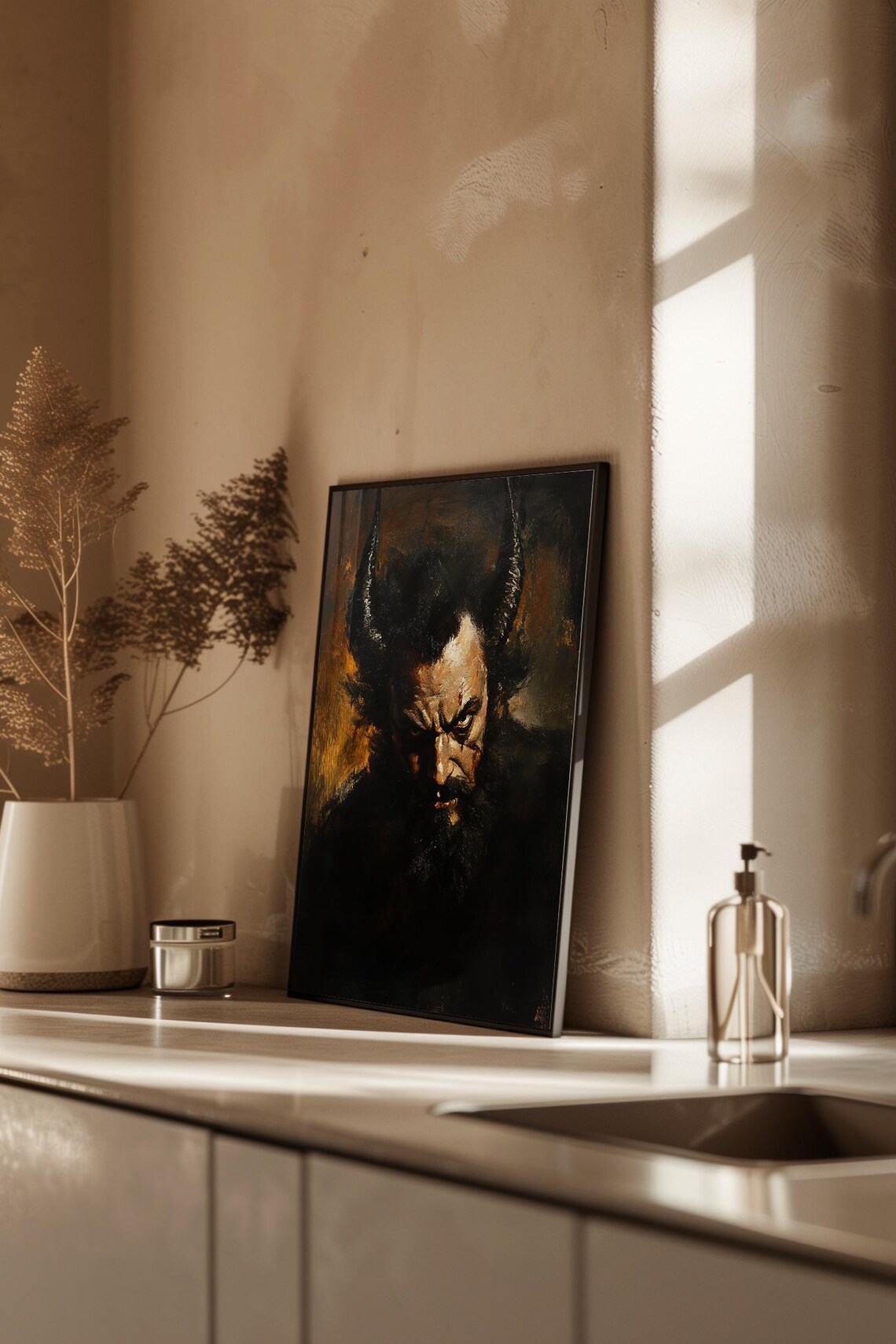 Horned Demon Portrait Fiery Dark Gothic Oil Painting Style Poster - Image 2