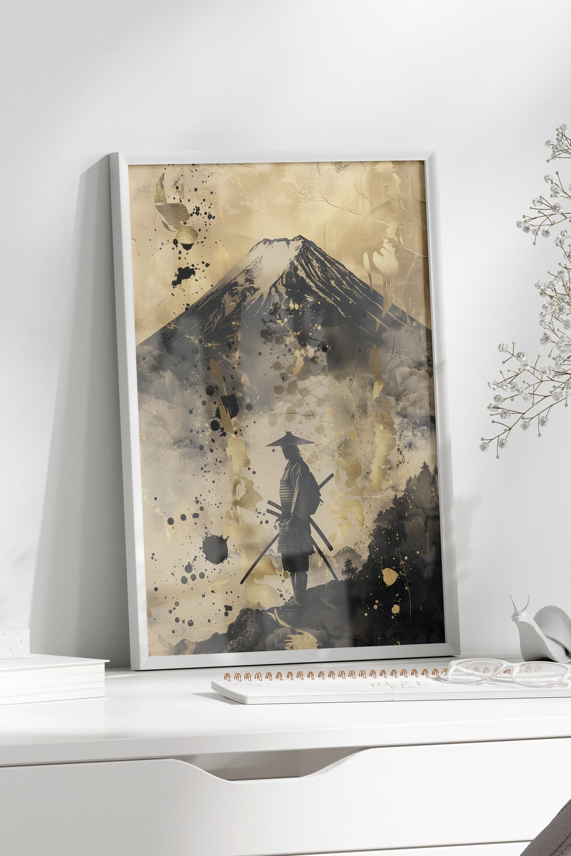 Samurai Warrior Beneath Mount Fuji Japanese Ink Sumi E Art Poster - Image 3