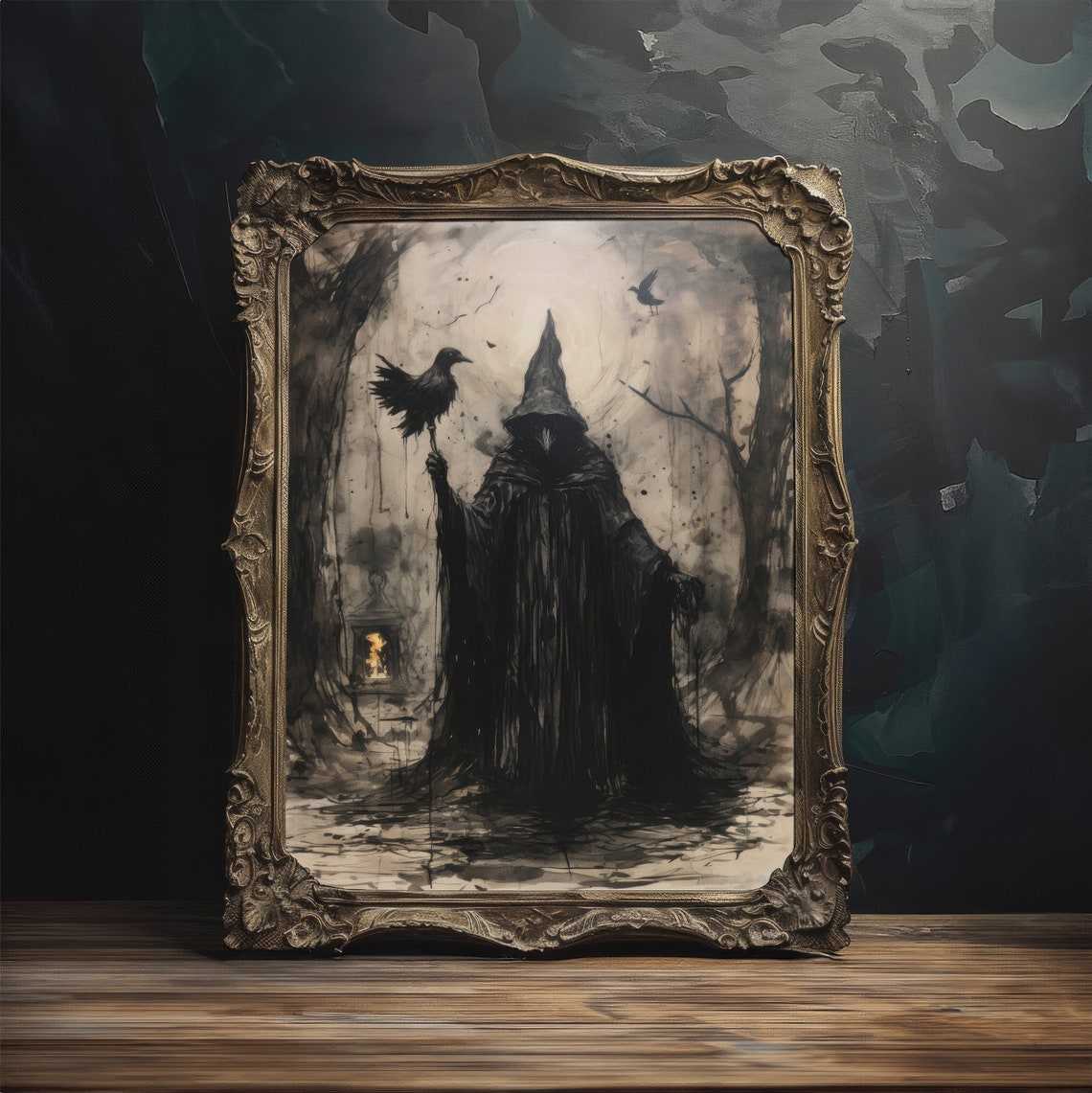 Dark Witch Holding Raven Ink Sketch Mystical Gothic Wall Art - Image 2