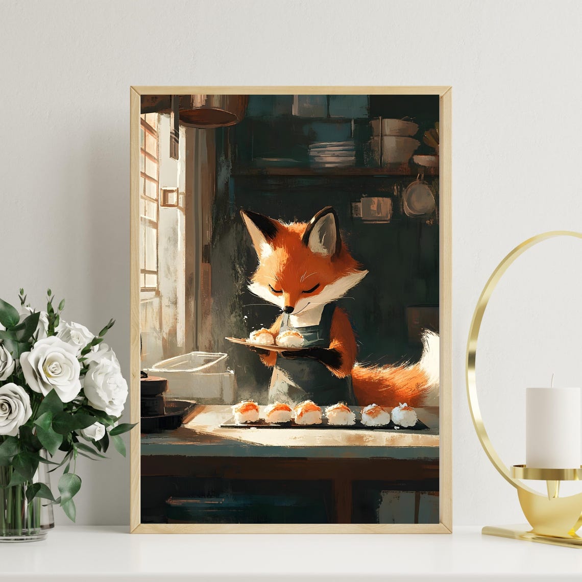 Fox Baker Serving Salmon Bites in Dark Rustic Kitchen Poster