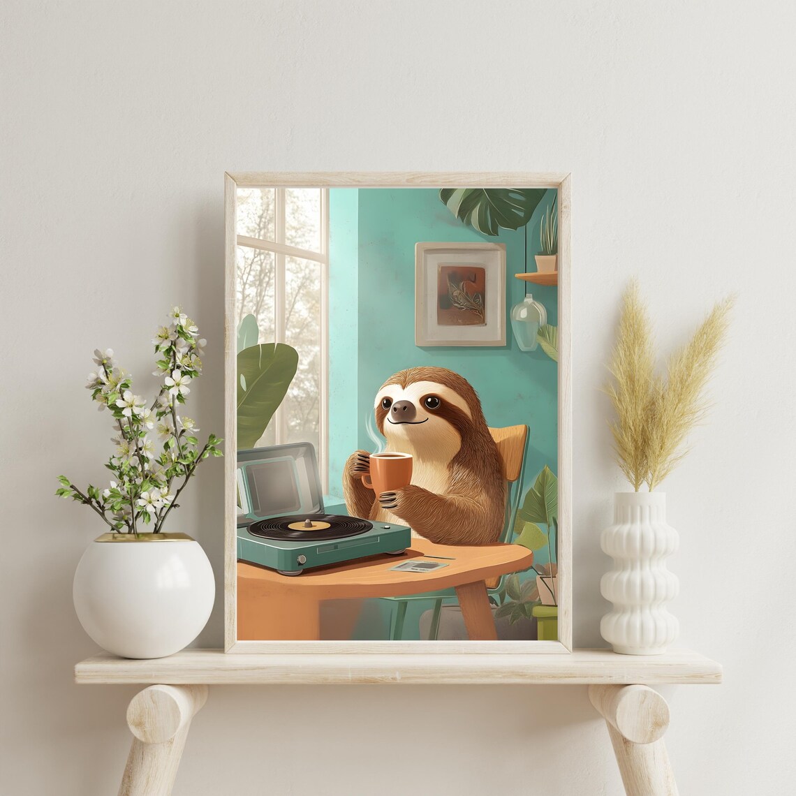 Smiling Sloth Drinking Hot Coffee Beside a Vintage Mint Record Player Poster - Image 7