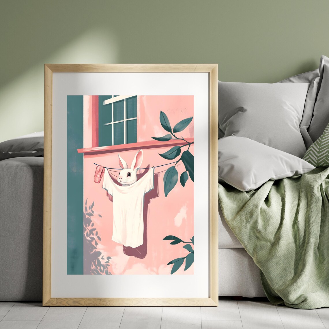 Curious White Rabbit Peeking Through Laundry Drying on a Clothesline Poster - Image 8