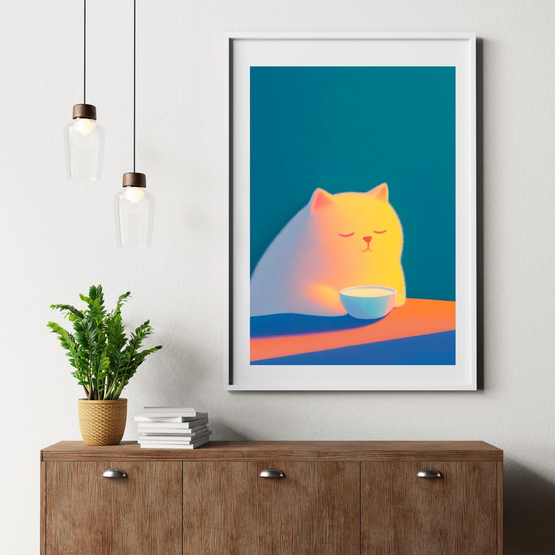 Sleepy Yellow Cat With Bowl Of Milk Cozy Teal Background Poster - Image 2