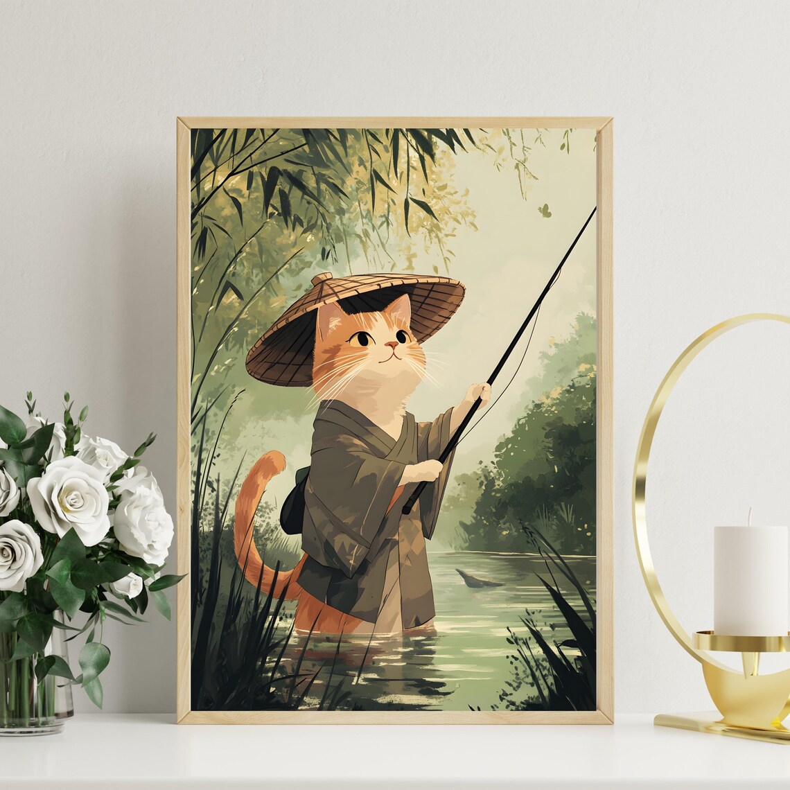 Ginger Cat Fisherman Wearing a Kimono and Straw Hat on a Calm River Poster - Image 2