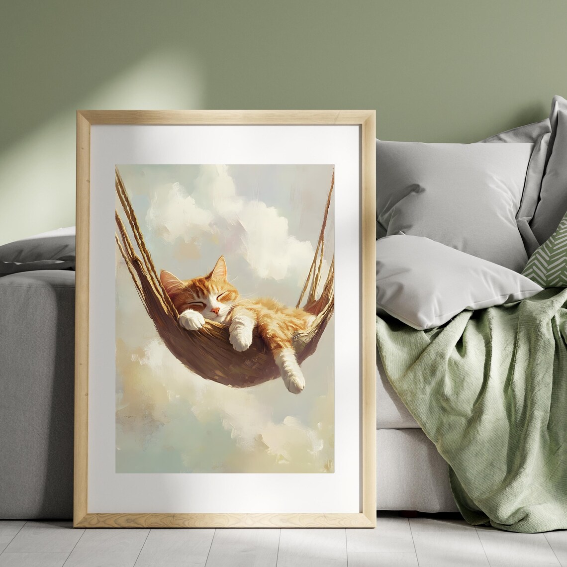 Fluffy Orange Cat Napping Peacefully in a Rope Hammock Among Soft Clouds Poster - Image 4