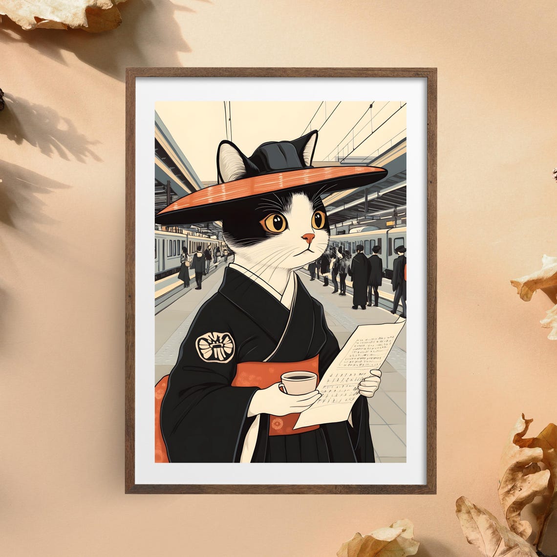 Cat in Kimono Sipping Tea at a Bustling Train Station Poster