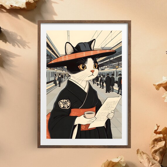 Cat in Kimono Sipping Tea at a Bustling Train Station Poster