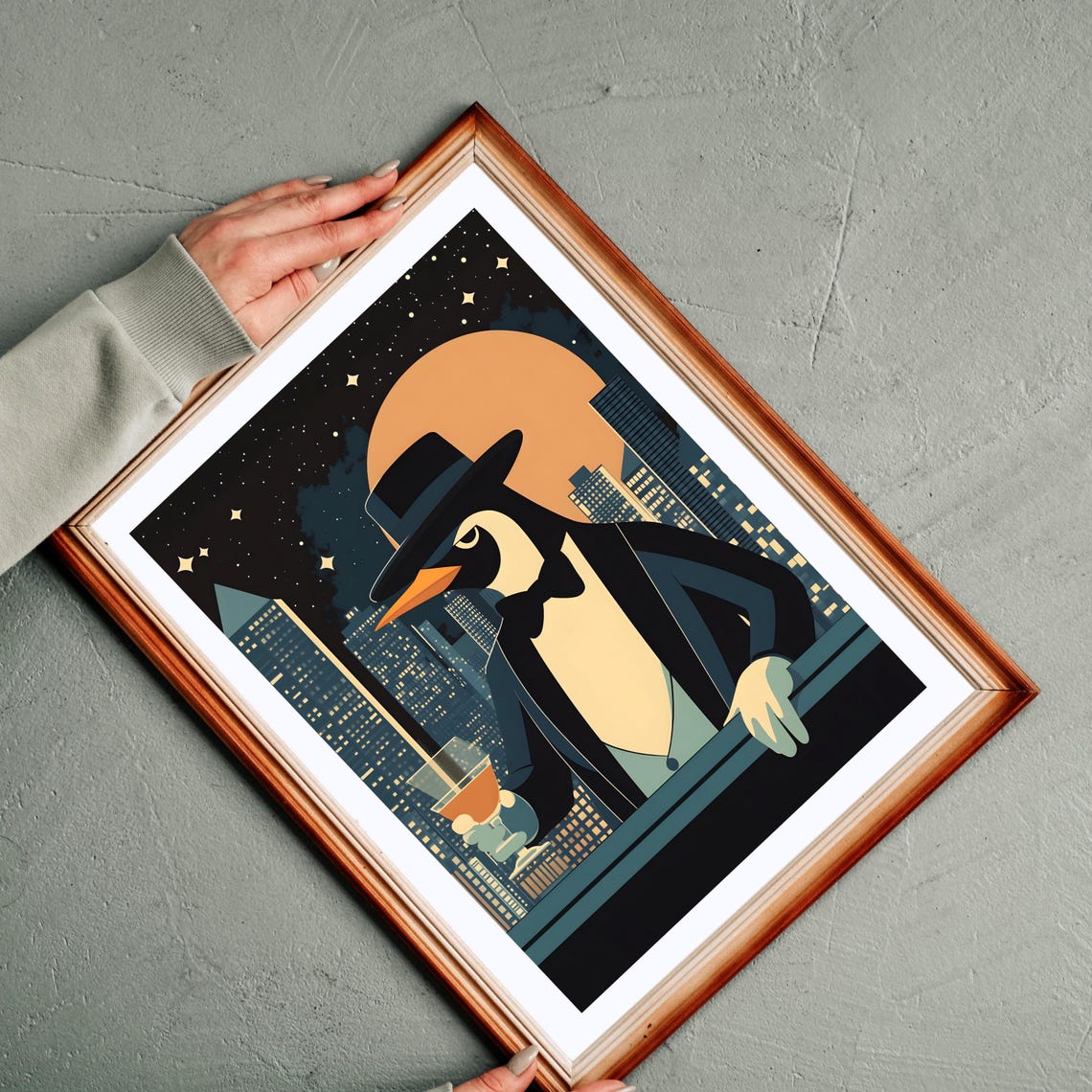 Debonair Penguin in Fedora Holding Cocktail at Night City Poster - Image 3
