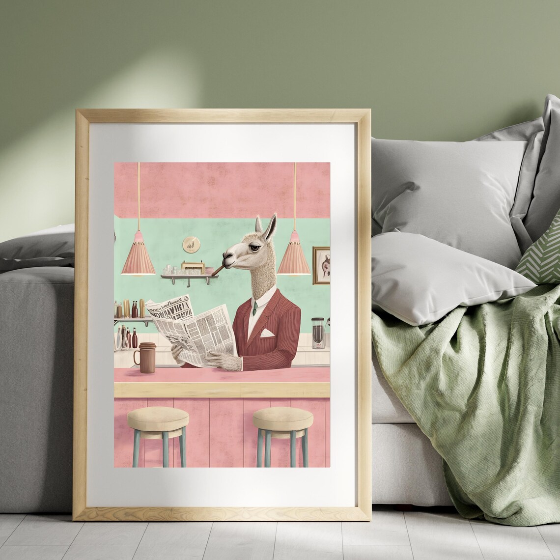 Dapper Llama in a Pinstripe Suit Reading the Newspaper at a Retro Cafe Poster - Image 7