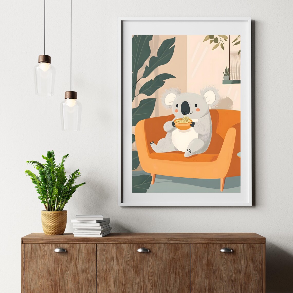 Cute Koala Eating Noodles Orange Couch Cozy Nursery Art Poster - Image 6