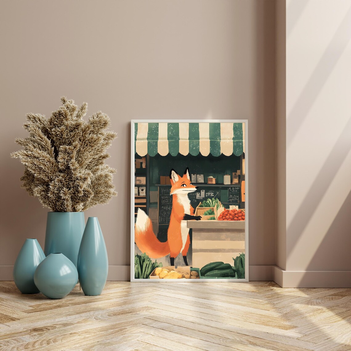 Clever Red Fox Browsing a Farmers Market Vegetable Stall Under an Awning Poster - Image 7