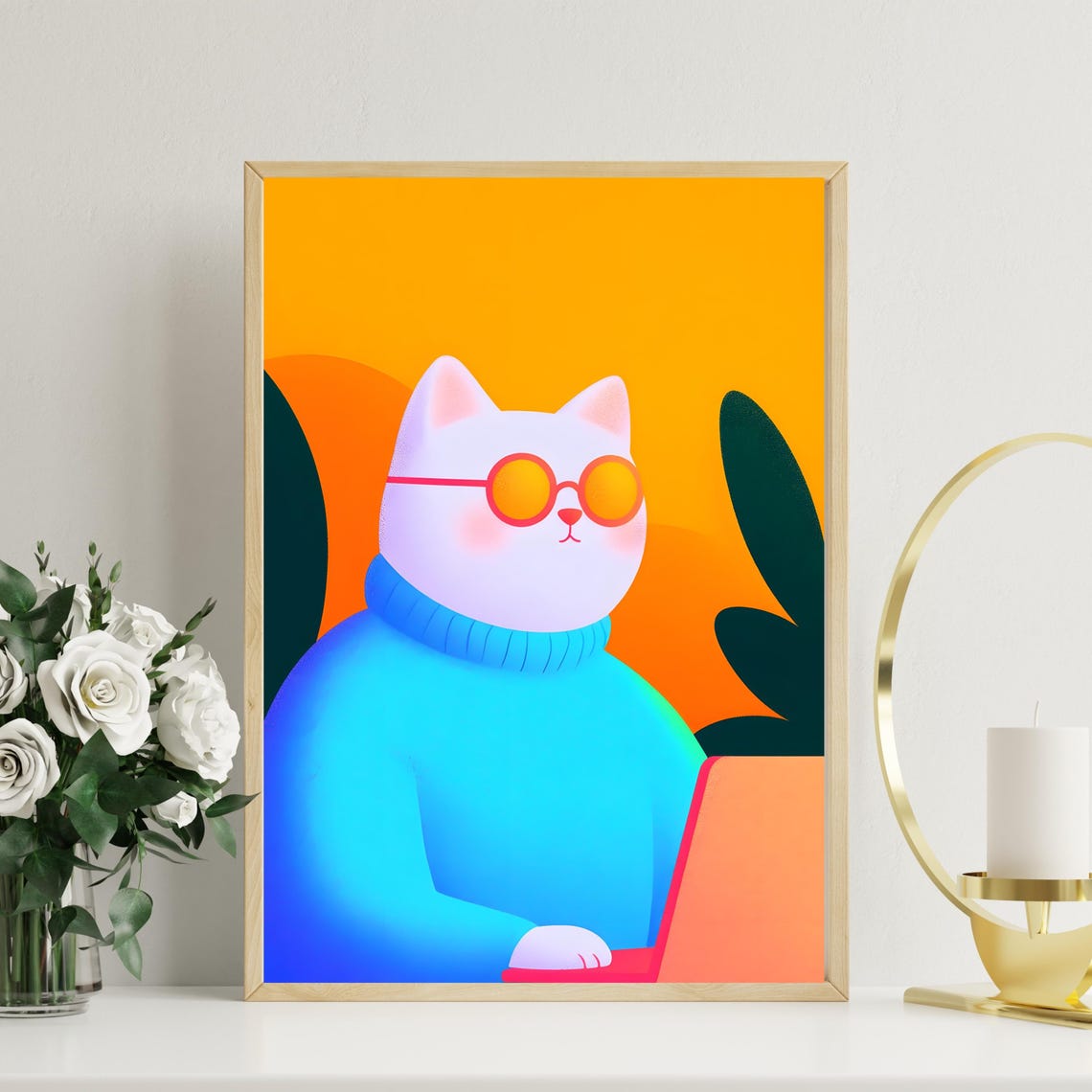 Stylish White Cat In Sunglasses And Turtleneck With Laptop Poster