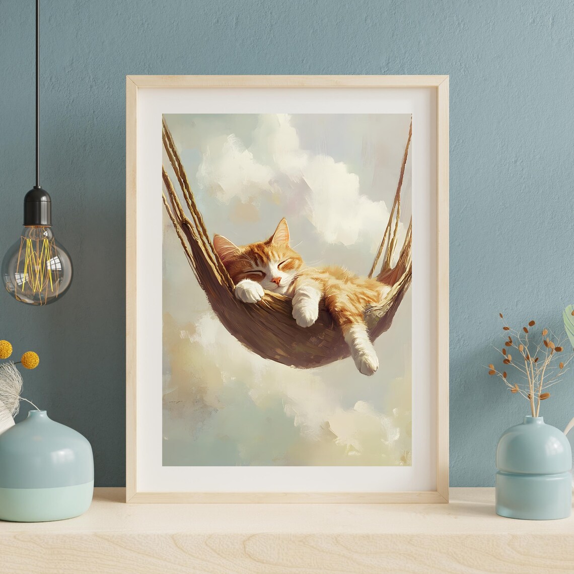 Fluffy Orange Cat Napping Peacefully in a Rope Hammock Among Soft Clouds Poster - Image 6